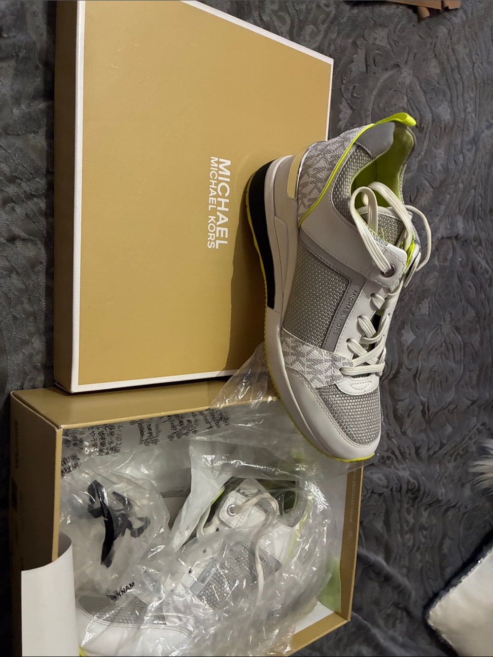 Michael Kors Gray and Neon Yellow Mixed-Material Trainer